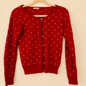 Cute red cardigan cream polka dot pearl buttons S